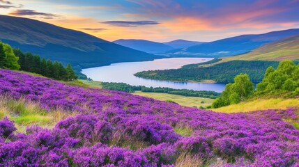 Fototapeta premium Stunning Highland Landscape with Purple Heather and Tranquil Lake at Sunset