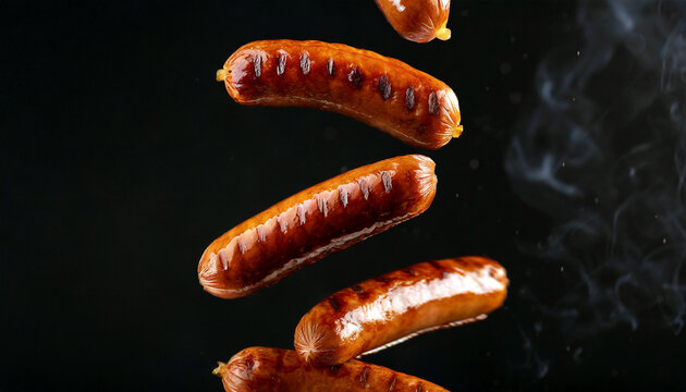 Grilled sausages flying in the air isolated on a dark background