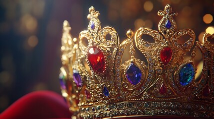 Fototapeta premium Close-up of ornate gold crown with red, blue, and purple jewels.