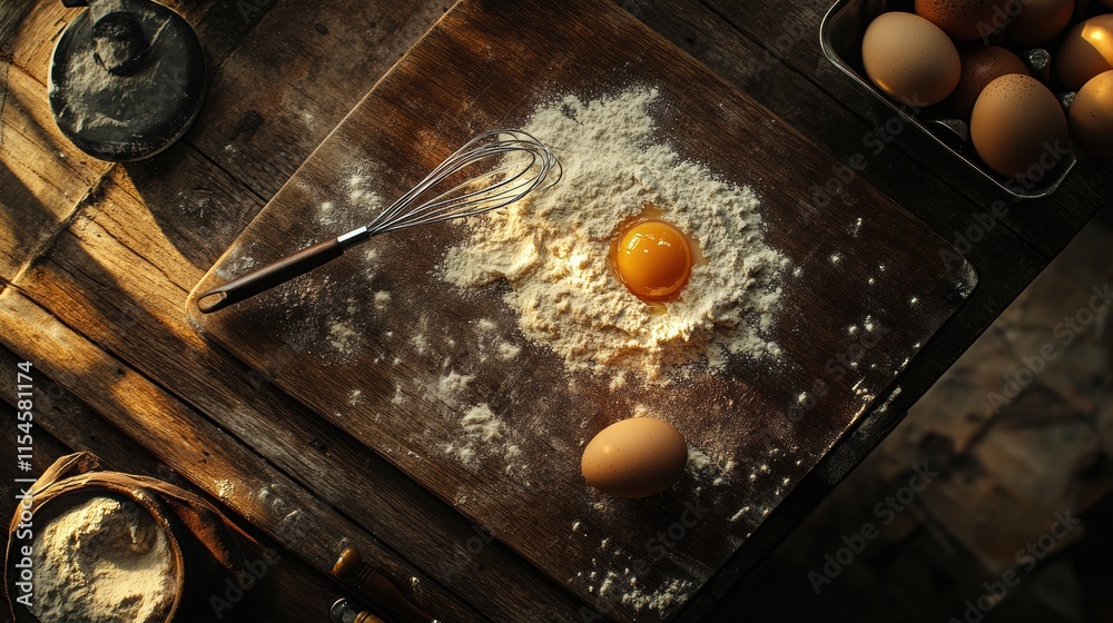 Poster top down view of wooden board with flour and cracked egg ready for baking activity. generative ai