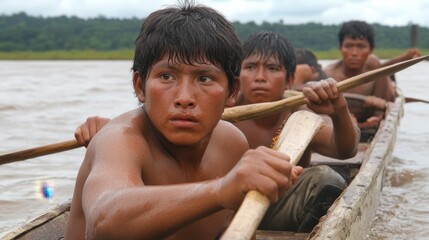 Young Indigenous Boys Paddling in Canoe on Amazon River During Daylight
