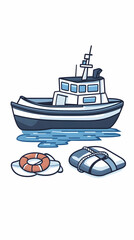 Naklejka premium Coastal Tugboat Safety Illustration, Life Raft, Lifebuoy, Calm Sea, Nautical Design, Travel Brochure.