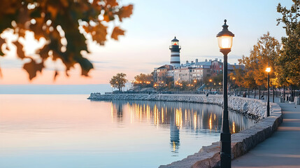 Obraz premium Coastal Sunset Lighthouse Promenade Walkway Autumn.