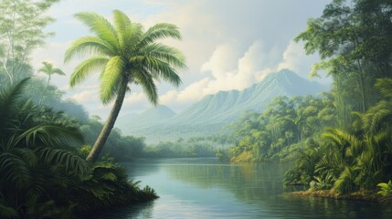 Obraz premium Lush Tropical Landscape with Palm Trees and Serene Mountain Reflection
