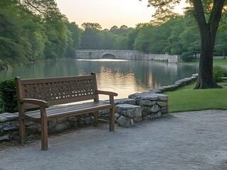 Obraz premium Serene Lakeside Bench Views Stone Bridge At Dawn