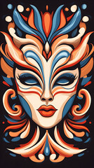 Colorful Venetian Mask Woman Art Deco Design, Background Dark,  Graphic Design Element.