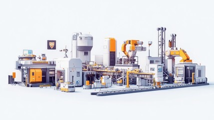 A futuristic manufacturing banner showcasing advanced robotics, automated systems, and conveyor lines against a neutral white backdrop