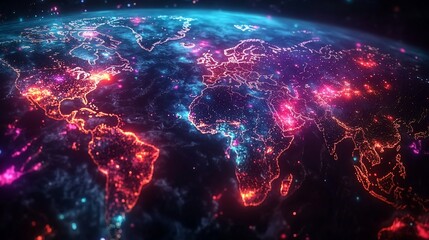 Obraz premium A vibrant digital representation of Earth showcasing illuminated cities at night.