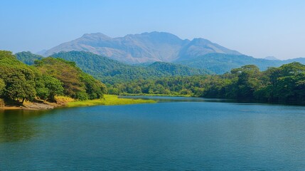 Obraz premium Serene Lake View with Lush Greenery and Majestic Mountains in Background