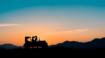 Fototapeta premium Couple Silhouette Kissing in Vintage Car at Sunset, Mountain Landscape, Romantic Travel.