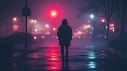 Fototapeta premium Mysterious Figure Walking in Foggy Urban Setting