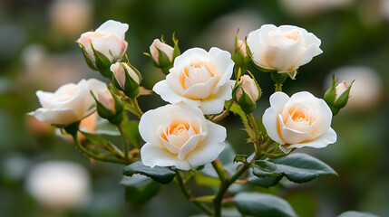 Obraz premium Cream roses blooming in garden, soft focus background, romantic floral arrangement, wedding invitation.