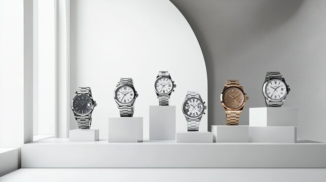 A luxury watch shop banner with polished watches displayed on a clean white platform.
