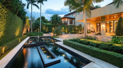 Obraz premium A modern backyard pond with sleek water features, surrounded by well-manicured hedges and decorative lighting.