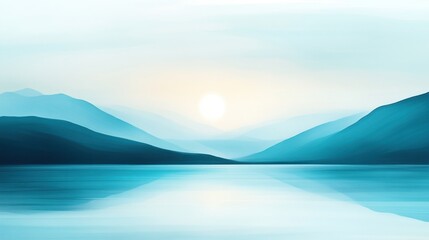 Obraz premium Serene Blue Landscape with Calm Water and Soft Mountains at Sunrise
