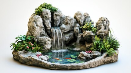 A pond with intricate rock formations, small fish, and an artificial waterfall for a dynamic garden feature.