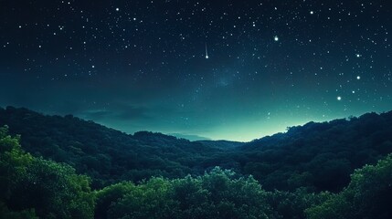 Naklejka premium Starry night sky over a dark green forest landscape with shooting stars.