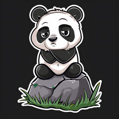 Fototapeta premium A cartoon panda bear is sitting on a rock