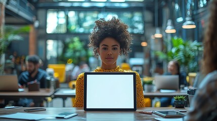 A vibrant office scene showcasing a blank tablet screen being used in a collaborative brainstorming meeting