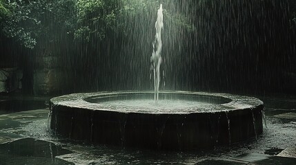 Stone fountain in a garden during rainfall.