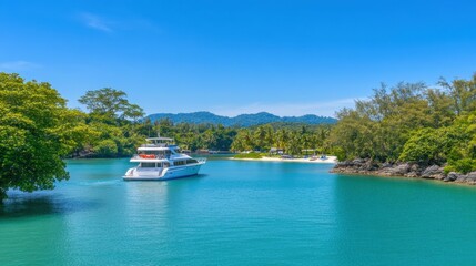Obraz premium Scenic Coastal View with Boat and Lush Greenery Under Clear Blue Sky
