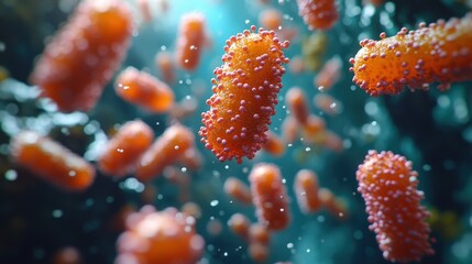 Fototapeta premium Microscopic view of bacteria floating in liquid.