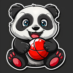 A cartoon panda bear is holding a red ball
