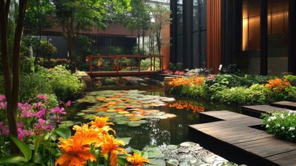 Obraz premium A vibrant garden pond with a mix of exotic flowers, small wooden bridge, and charming stepping stones.