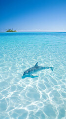 Fototapeta premium Dolphin swimming shallow tropical ocean, island background, travel brochure.