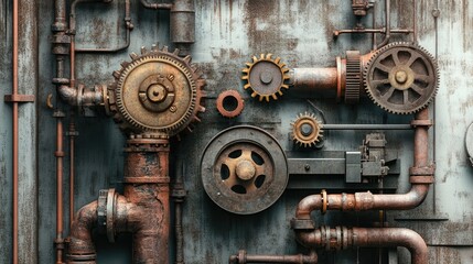 An industrial-themed works poster displaying gears, pipes, and machinery on a white background, emphasizing mechanical expertise.