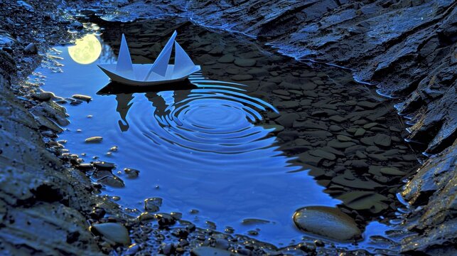Paper boat floats on moonlit tide pool.