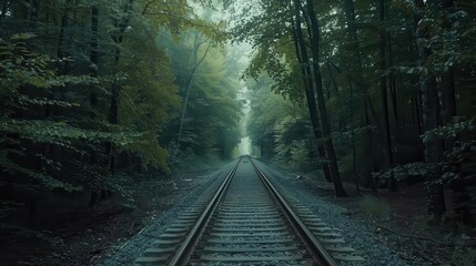 Obraz premium A serene railway track surrounded by lush green trees in a misty forest.