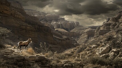 Desert bighorn sheep standing on rocky cliff overlooking dramatic canyon under stormy sky.
