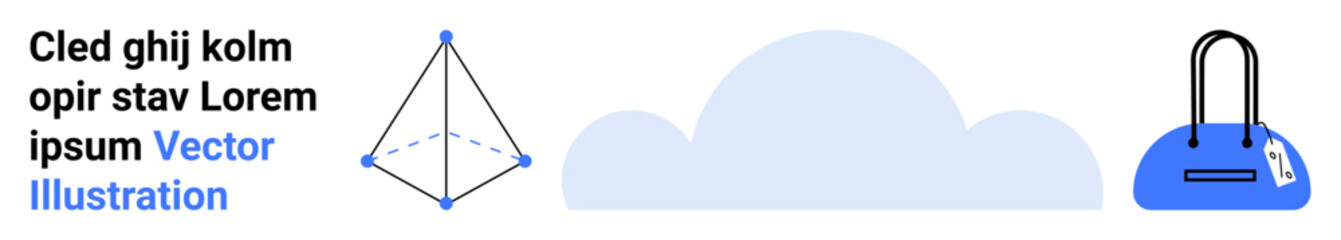 Geometric shape with points and lines, cloud icon, handbag graphic, and placeholder text for creative design projects and elements. Ideal for digital graphics, web design, app interfaces, branding
