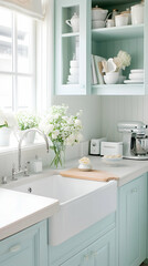 Farmhouse kitchen sink, light blue cabinets, flowers, window, design inspiration.