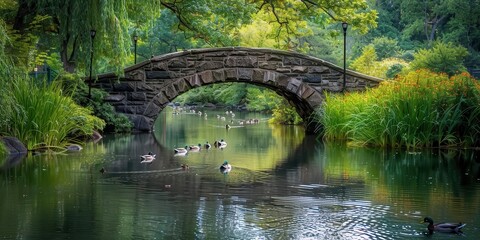A serene stone bridge arches over a tranquil pond with ducks and lush greenery surrounding it.