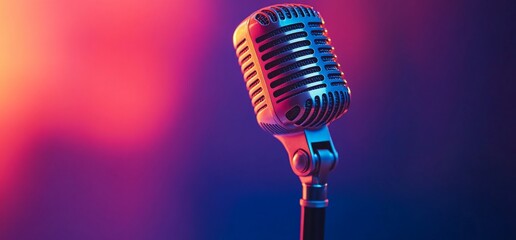 A vintage microphone against a colorful, illuminated background.