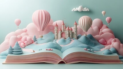 Whimsical Storybook Scene with Pastel Castle and Hot Air Balloons Images