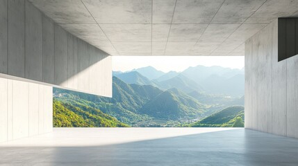 Modern concrete architecture interior with mountain view.