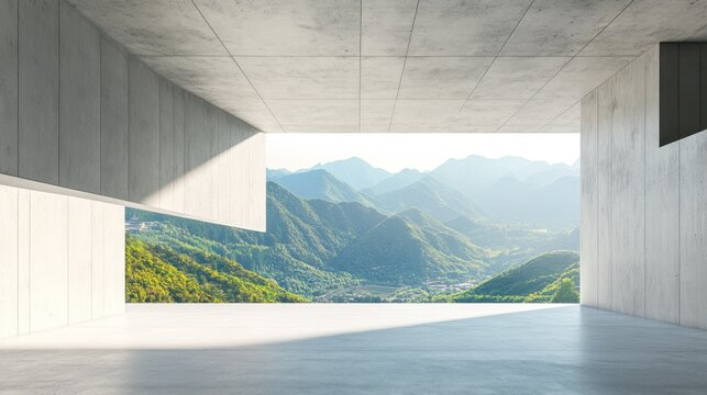 Modern concrete architecture interior with mountain view.