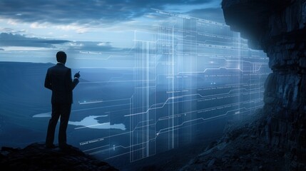 Businessman using futuristic interface in mountain landscape.