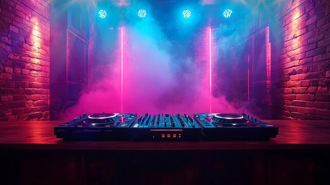 A DJ setup with turntables and vibrant lighting in a smoky atmosphere. Seamless looping 4k video animation background
