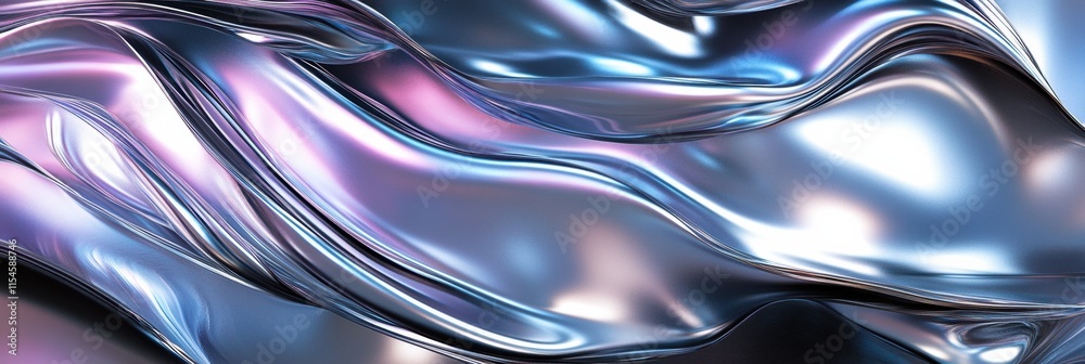 Poster Abstract 3D design showcasing fluid metallic textures with vibrant colors and smooth reflections under soft lighting conditions. Generative AI