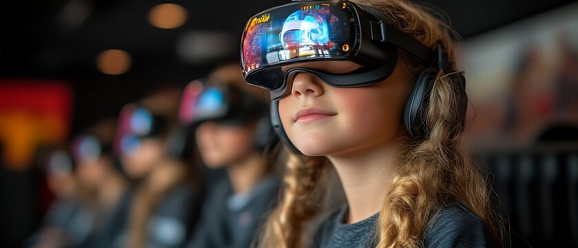 Girl wearing VR headset, engrossed in virtual reality experience.