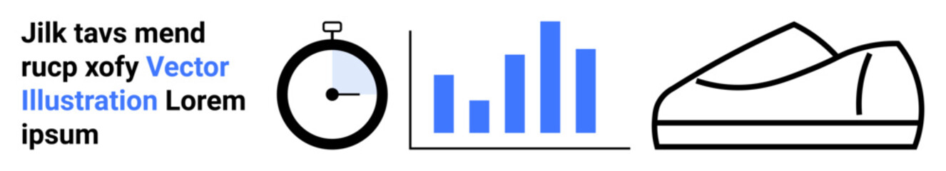 Stopwatch, bar chart, shoe outline. Ideal for fitness tracking, sports, performance metrics, time management, data visualization, training routines, analytics. Landing page