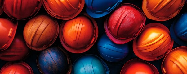 Construction Safety with Colorful Hard Hats in Vibrant Outdoor Setting