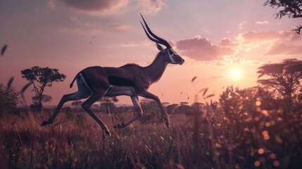Antelope running at sunset in African savanna.