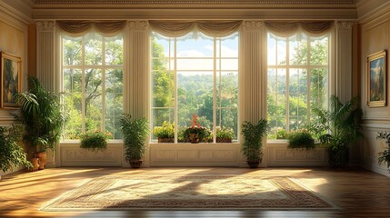 Fototapeta premium Elegant Room with Large Windows and Garden View. Concept of Tranquility, Luxury, and Home.