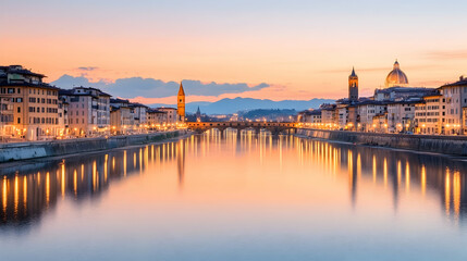 Obraz premium Florence Ponte Vecchio Sunset River Reflection Travel Poster.