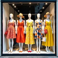 Obraz premium wall display window of a clothing store from the street side, on the mannequins there are bright stylish summer dresses, handbags, shoes, hats